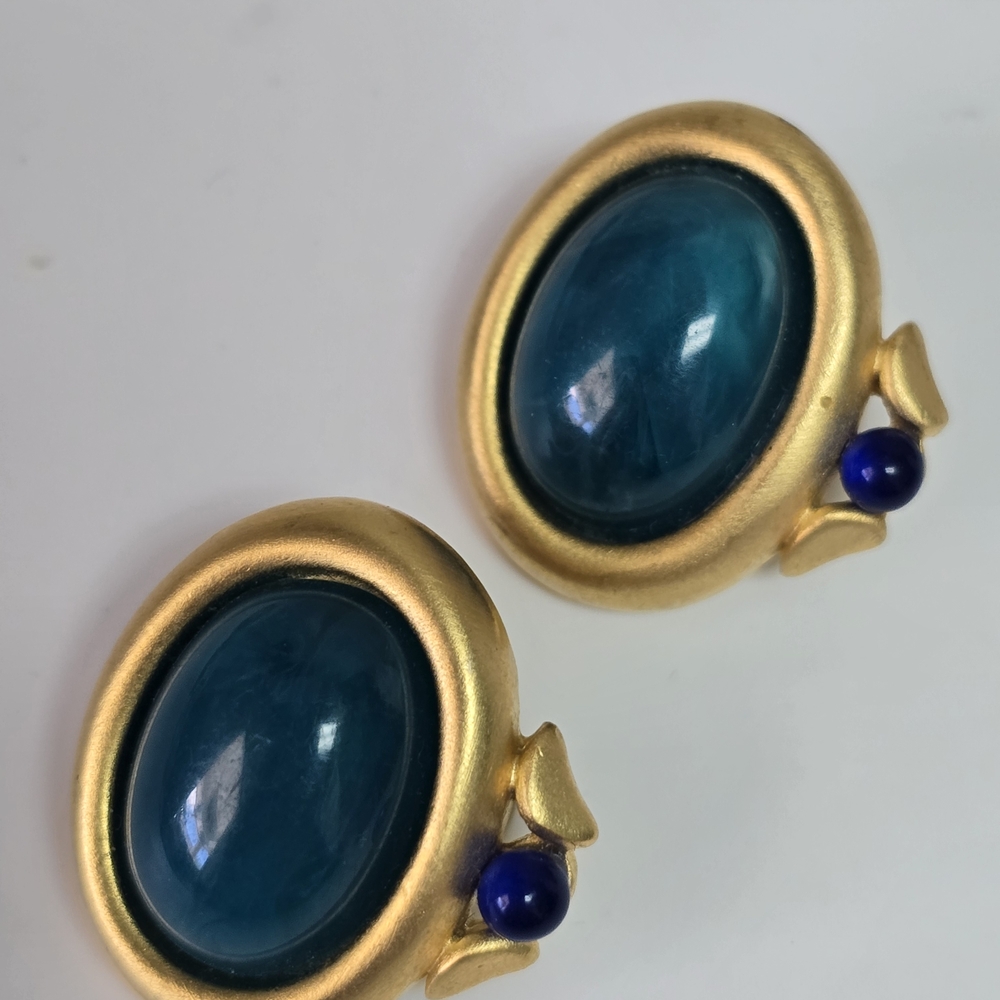 VINTAGE Givenchy Gold and Teal Oval Earrings clip On